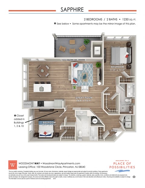 Floor plan for 2 beds, 2 baths, 1230 sqft